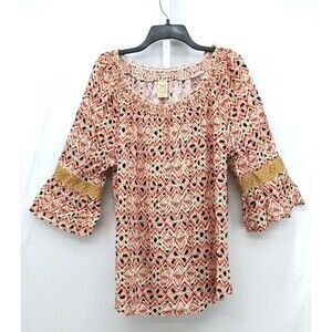 Faded Glory Blouse Womens Size XXL Red White Lace Accent Sleeve Pullover Top